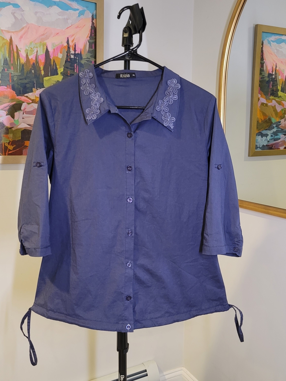 KRIZIA Button Up Shirt Navy Blue with Floral‎ Embroidered Collar Women's XL